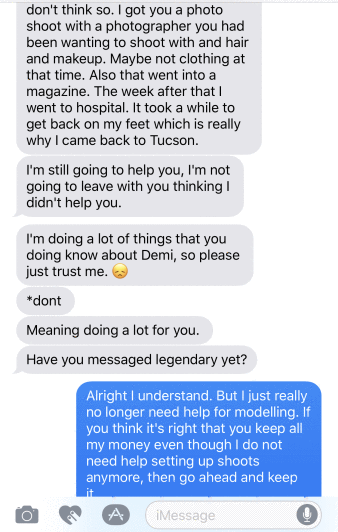 Fourth text Alicia Castillo text messages Demi Bang after Alicia scammed Demi.