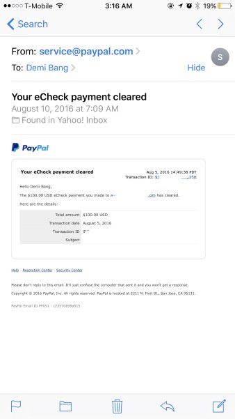 PayPal money payment transactions between Alicia Nicole Castillo and Demi Bang.