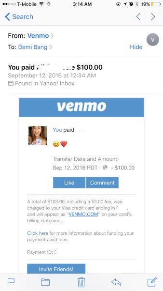 Venmo money payment transactions between Alicia Nicole Castillo and Demi Bang.
