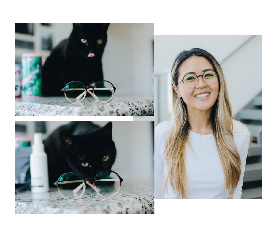 Spring essentials featuring Zenni Blue Light Lenses with Henry the cat.