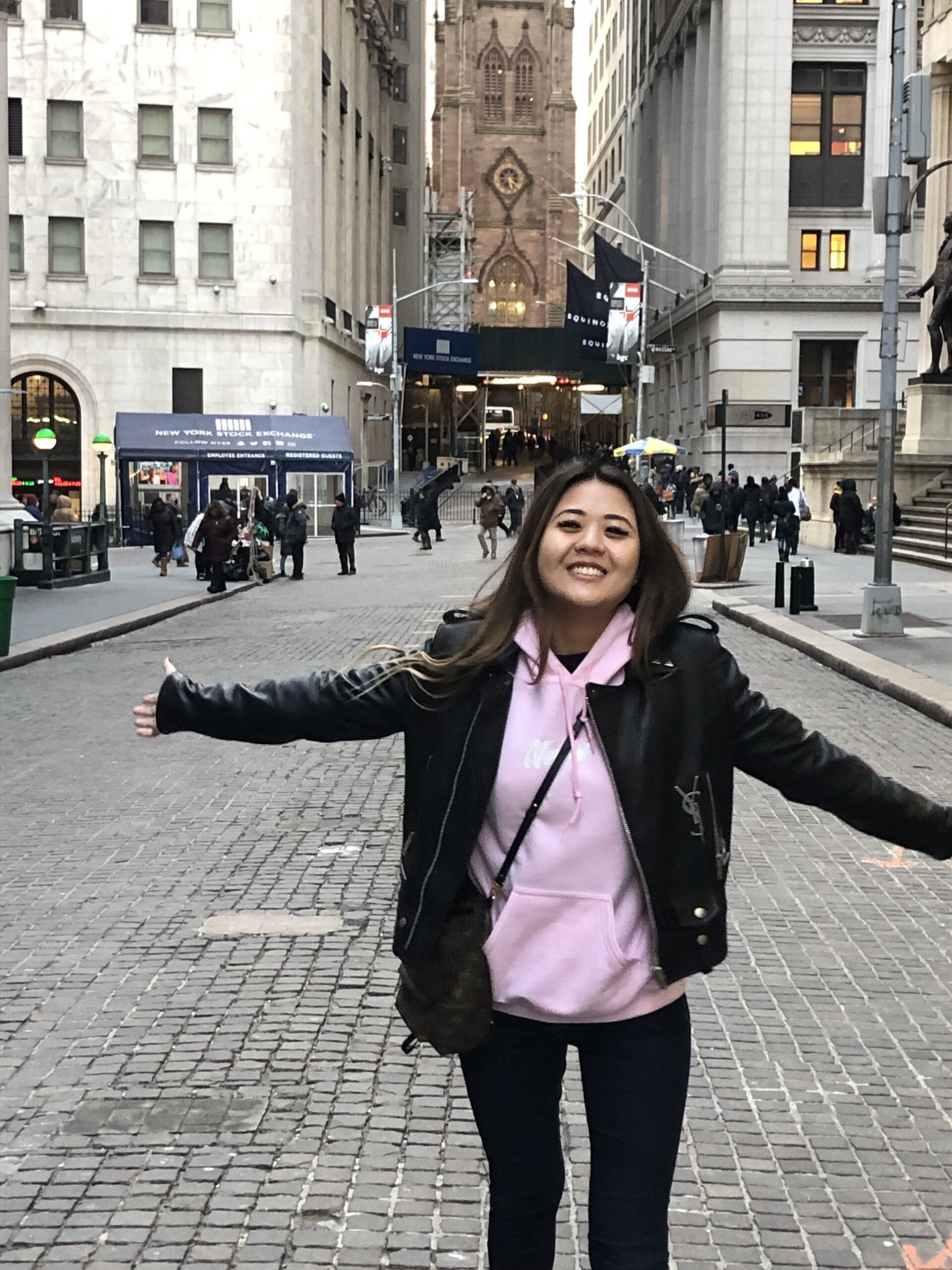 Demi Bang visiting the Financial District in New York City March of 2019.