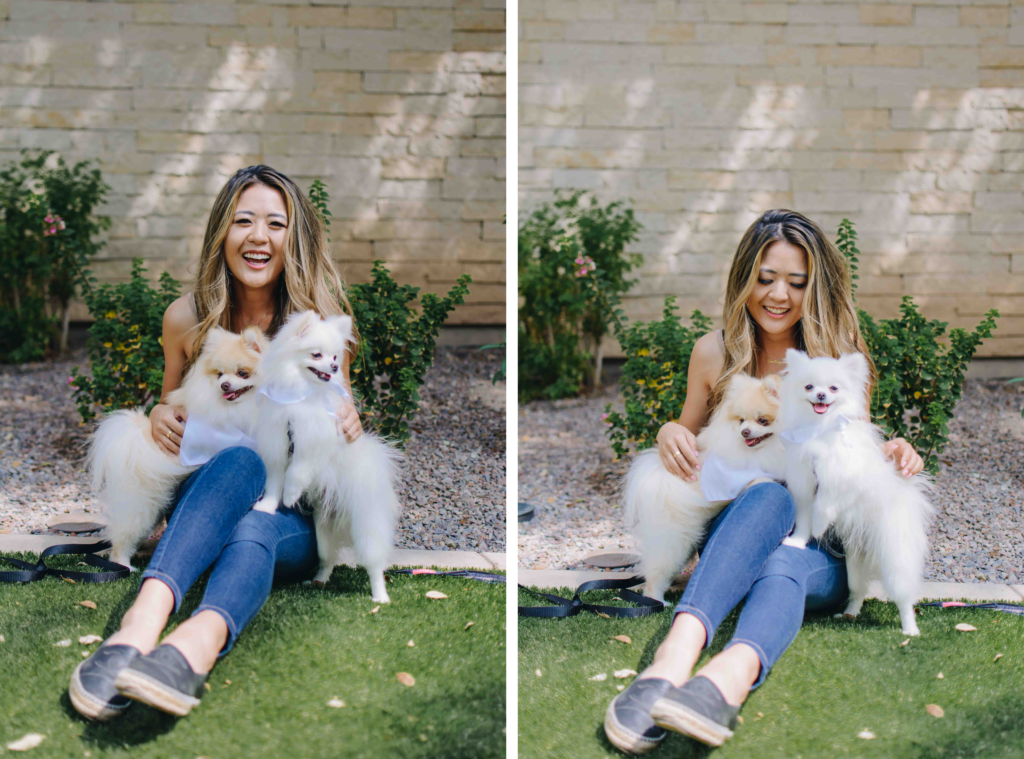 Demi Bang, an Arizona blogger, with two Pomeranians in Phoenix, with Arizona pet grooming, Bark & Lather.