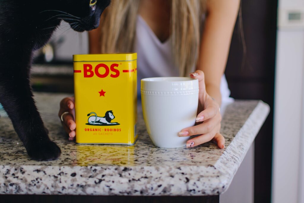 Demi Bang drinking BOS Organic Rooibos Tea from her Winter Wellness Babbleboxx.