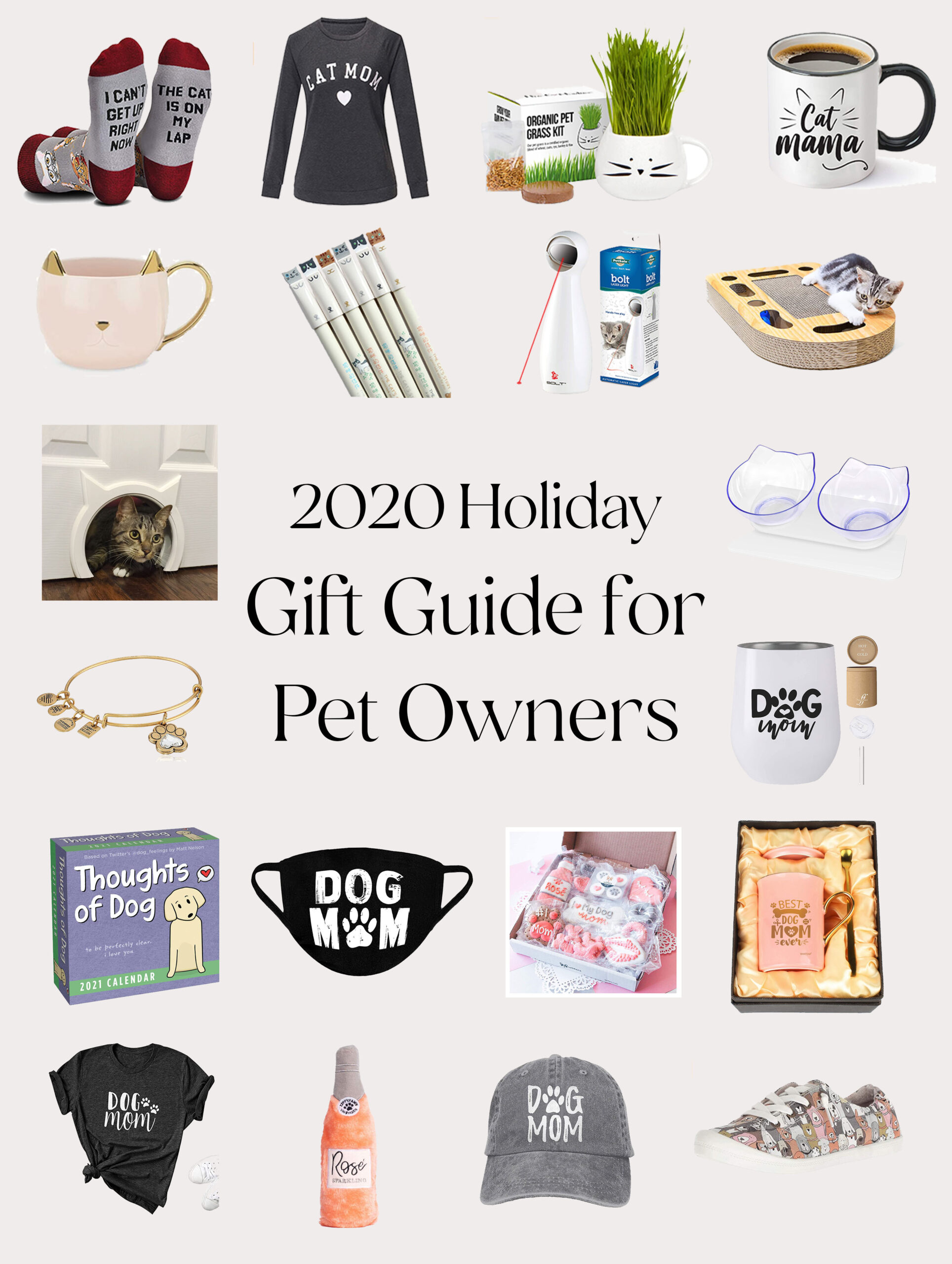 Holiday gift ideas for pet owners, cat owners, cat moms, dog owners, and dog moms.