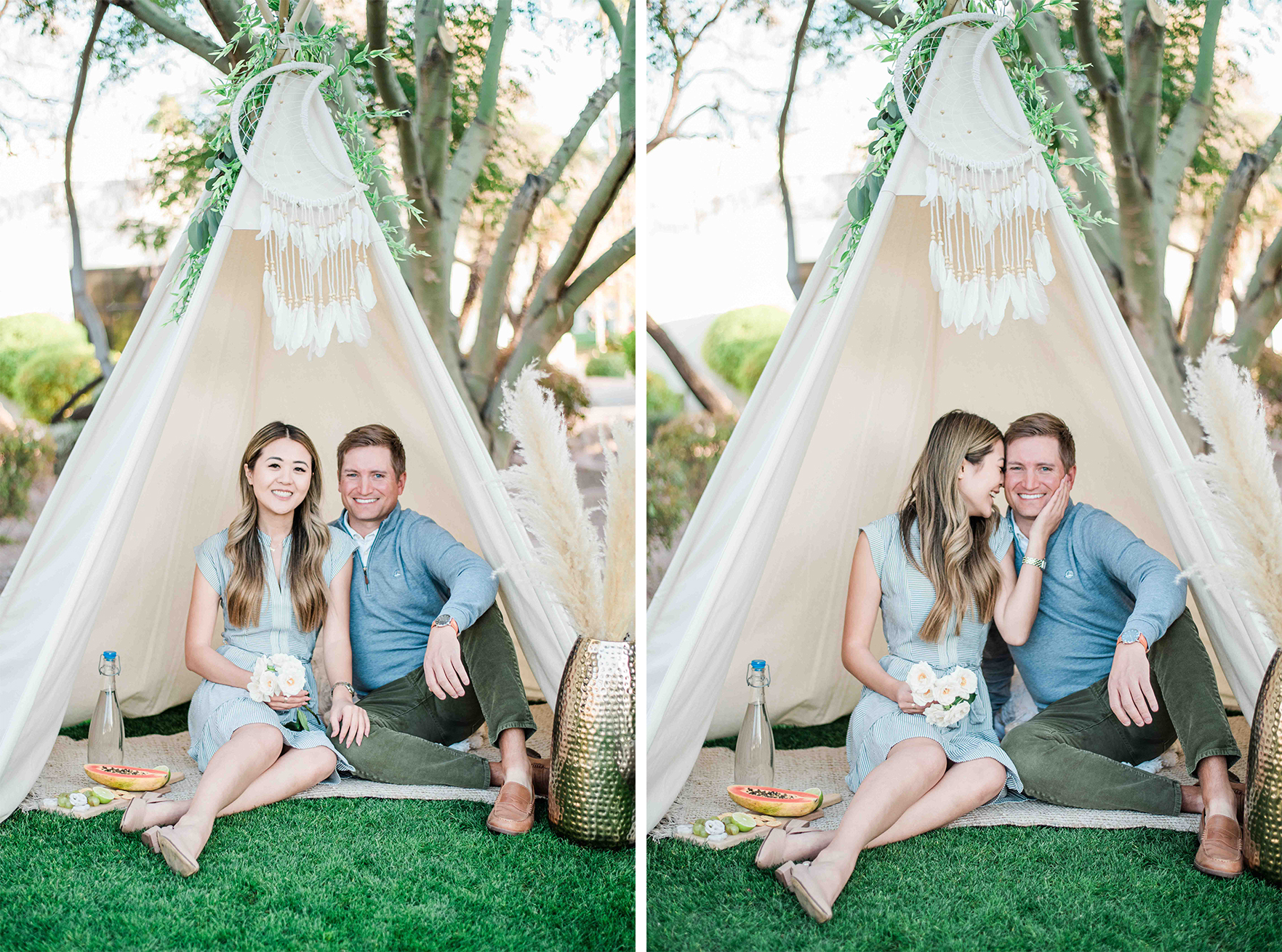 Demi Bang and Tyler inside a teepee with Desert Bloom Picnics, an outdoor picnic company in Scottsdale, Arizona.