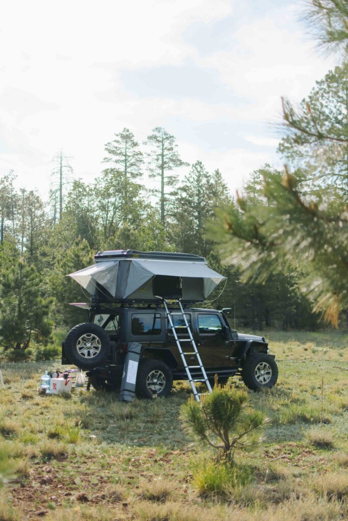 Arizona blogger Demi Bang goes camping with a tent on top of a Jeep, also known as a roof top tent in Happy Jack, Arizona.