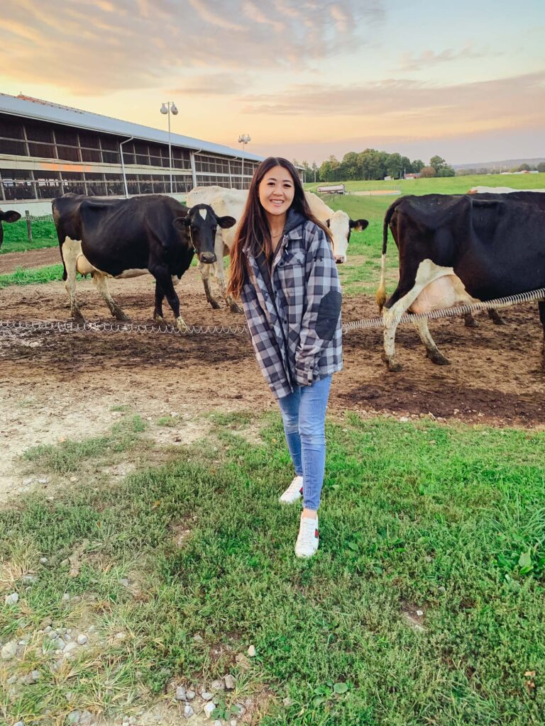 Arizona blogger Demi Bang touring an organic dairy farm in Ohio.