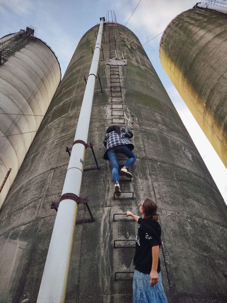 Arizona blogger Demi Bang climbing up an 80 feet tall silo on a dairy farm.