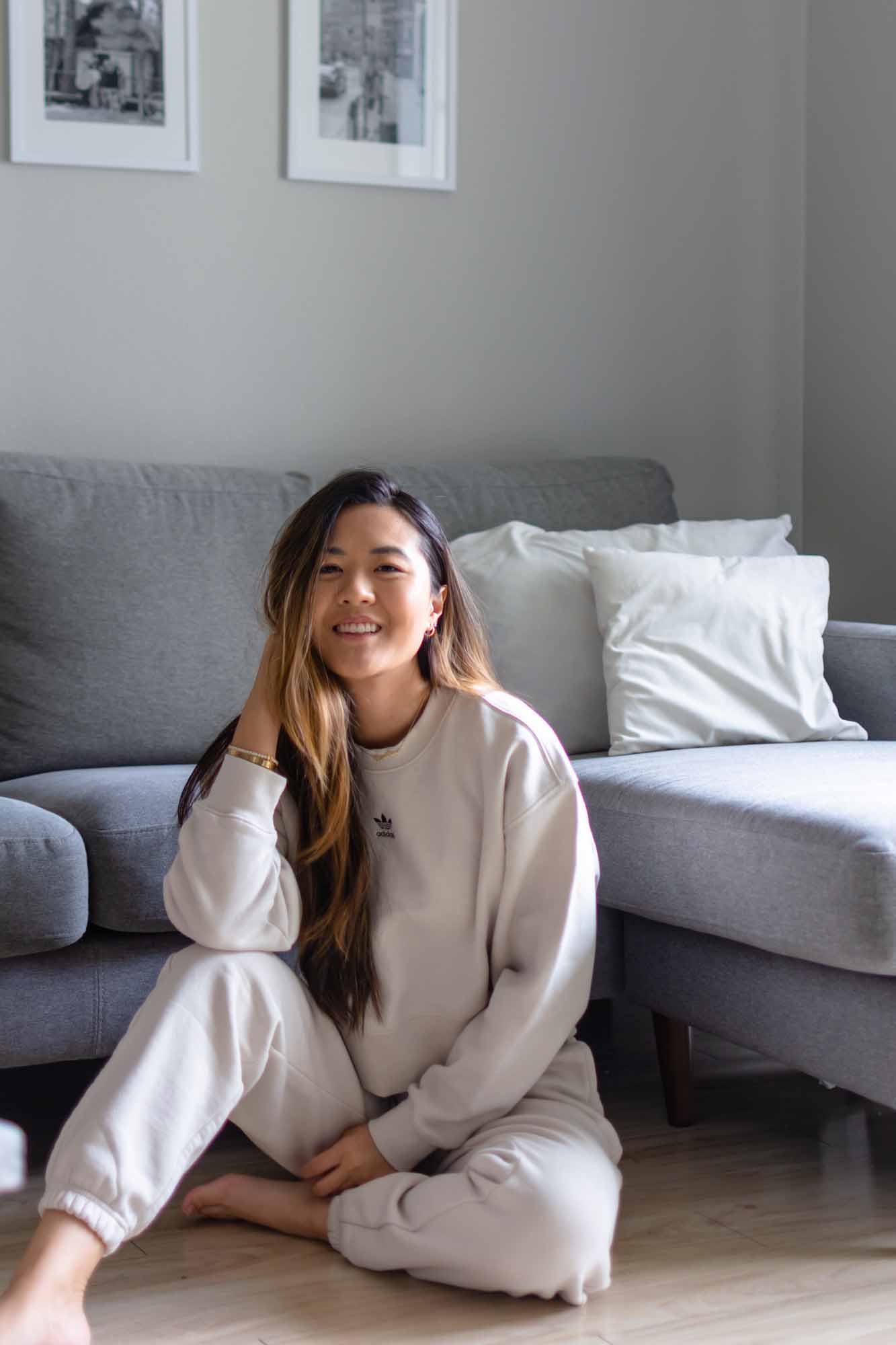 Blogger Demi Bang in her adidas matching loungewear set.