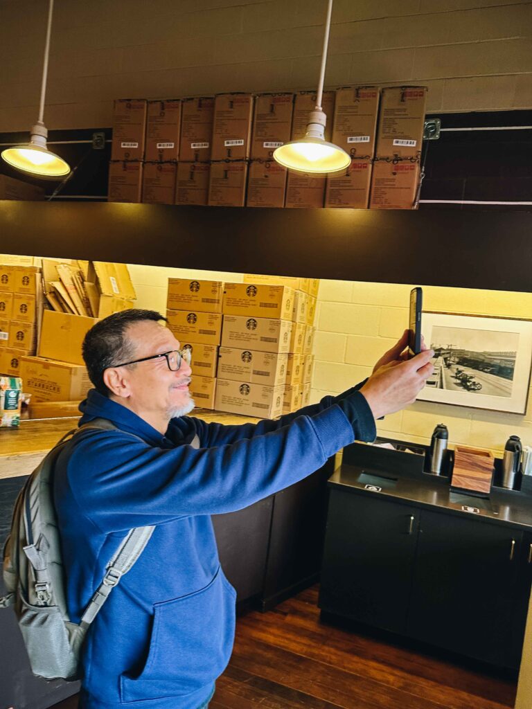 Visiting the first Starbucks location in Seattle, Washington.